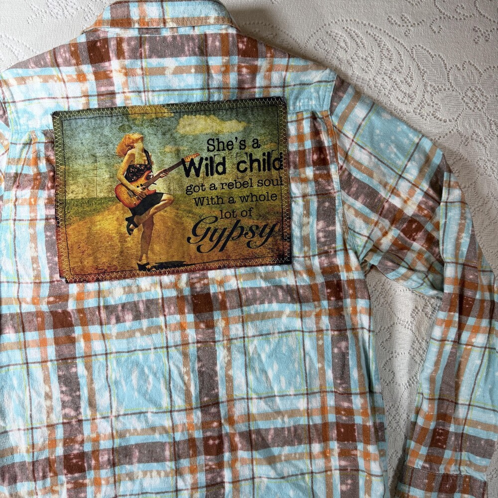 Angry Minnow Vintage Flannel Shirt Womens Medium Blue Plaid Wild Child Gypsy - Picture 10 of 13